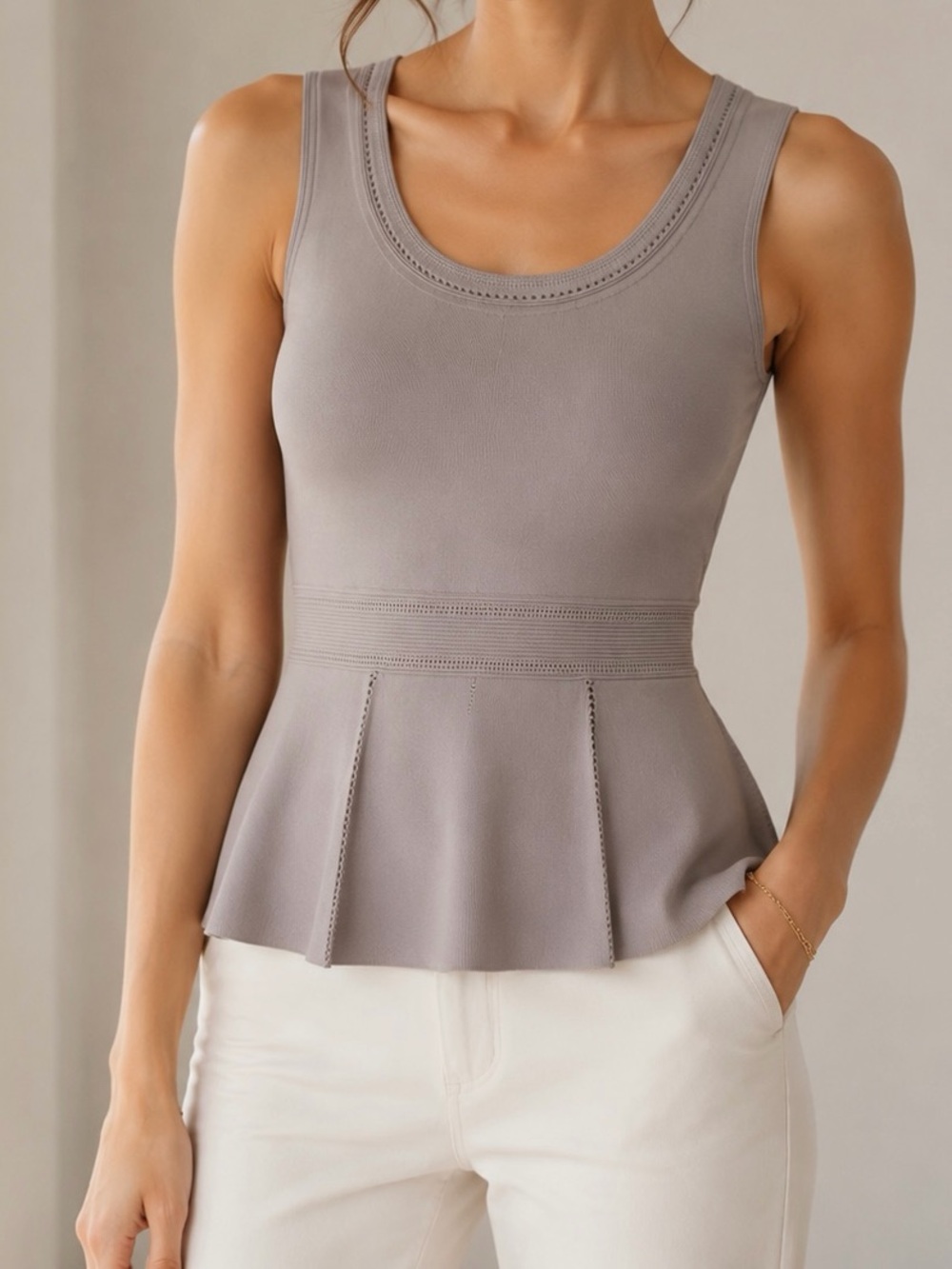 White House Black Market Taupe Sculpted Peplum Tank Top